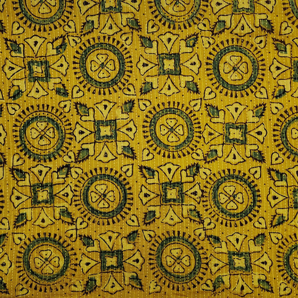 Pure Cotton Kaatha Ajrak Turmeric Dyed Geometric Tribal Tiles Hand Block Print Fabric