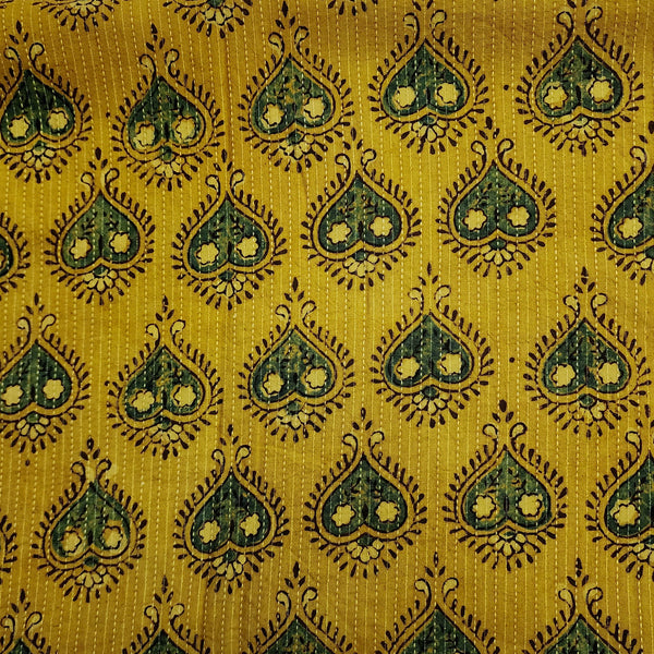 Pure Cotton Kaatha Ajrak Turmeric Dyed Paan Motif Hand Block Print Fabric