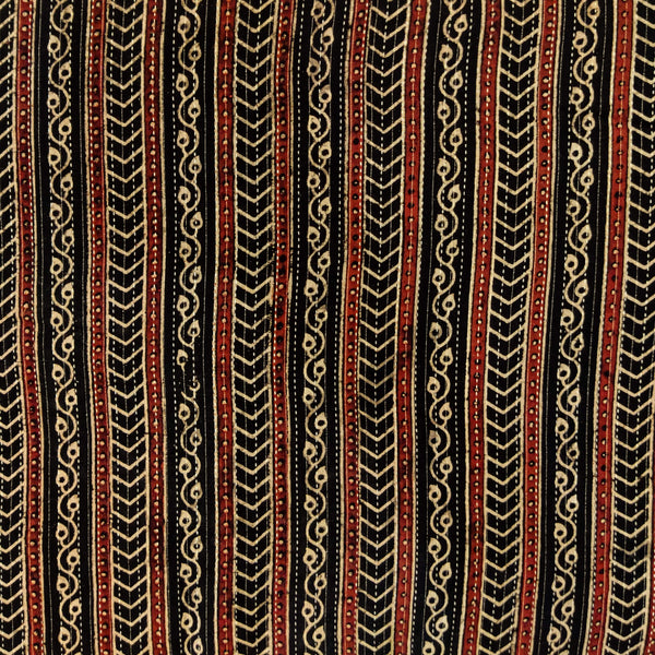 Pure Cotton Kaatha Ajrak With Intricate Stripes Hand Block Print Fabric