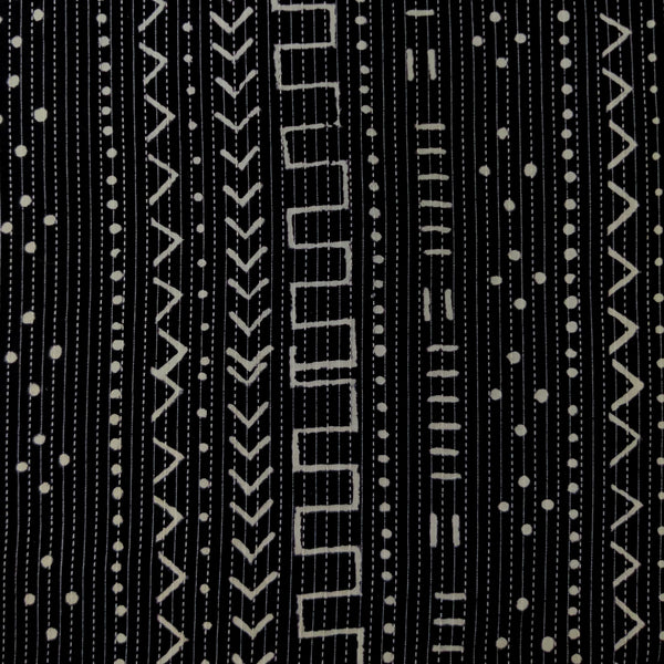 Pre-cut ( 2 Meter )Pure Cotton Kaatha Black With Multi Geometry Stripes Hand Block Print Fabric