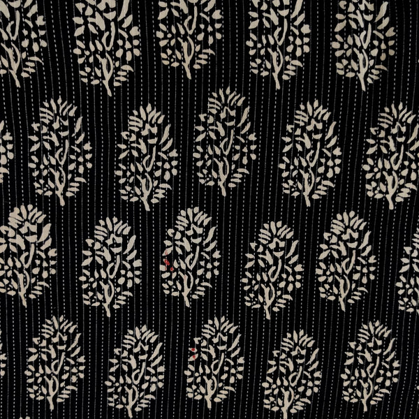 Pure Cotton Kaatha Black With White Bloomed Tree Hand Block Print Fabric