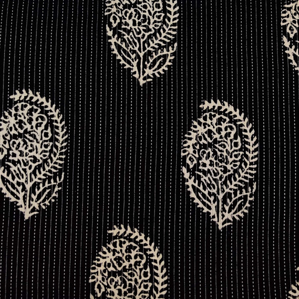 Pure Cotton Kaatha Black With White Spaced Out Motif Hand Block Print Fabric