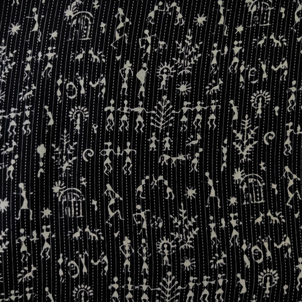 Pure Cotton Kaatha Black With White Warli Hand Block Print Fabric