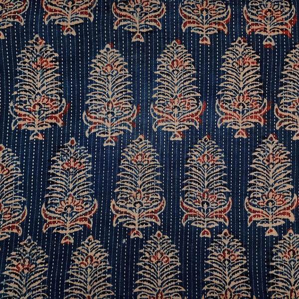 Pure Cotton Kaatha Blue With Big Flower Bud Hand Block Print Fabric