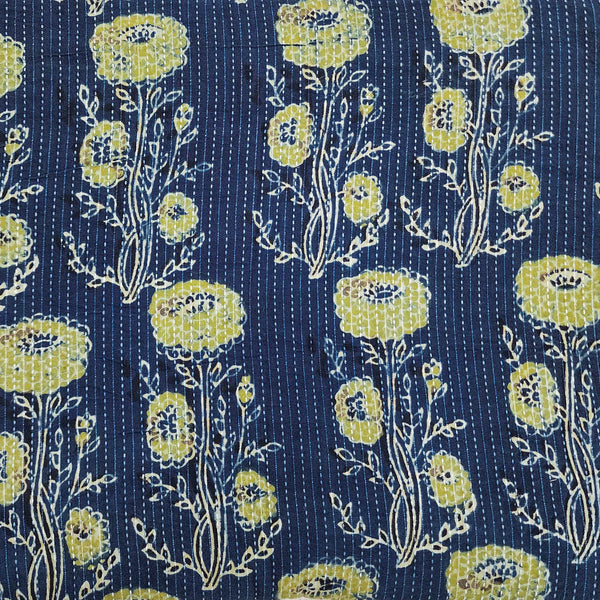 Pure Cotton Kaatha Blue With Big Green Flowers Hand Block Print Fabric