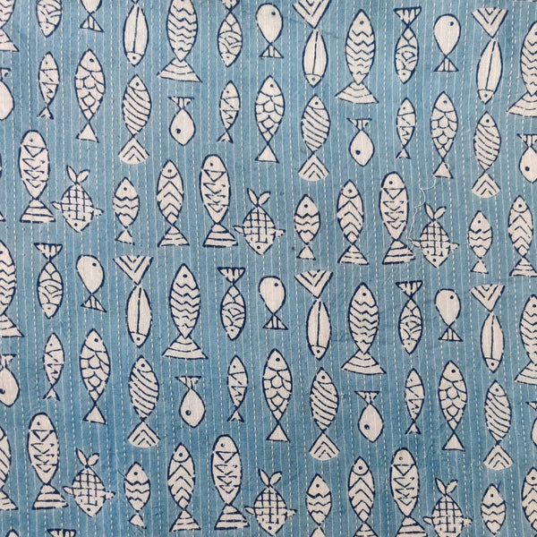 Pure Cotton Kaatha Blue With Fish Hand Block Print Fabric