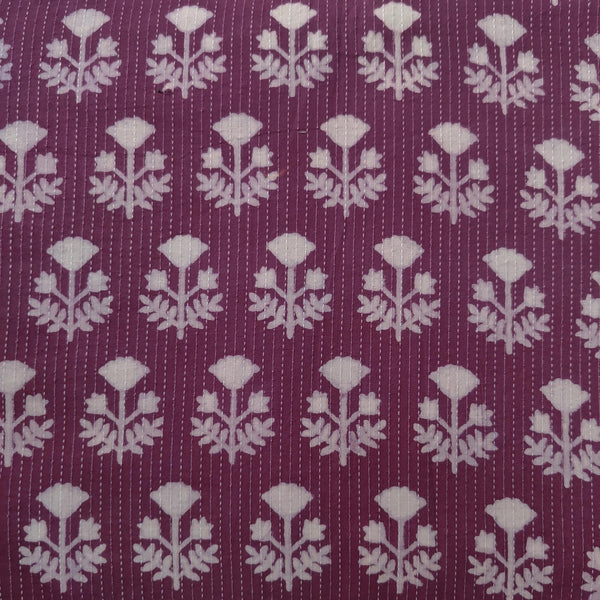 Pre-cut ( 1.65 meter )Pure Cotton Kaatha Mauve Purple With Cream Flower Hand Block Print Fabric