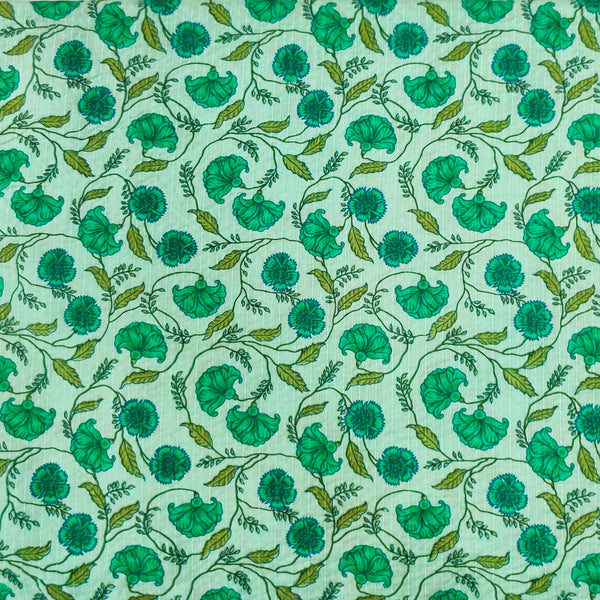 Pure Cotton Kaatha Mint Green With Flower Jaal Hand Block Print Fabric