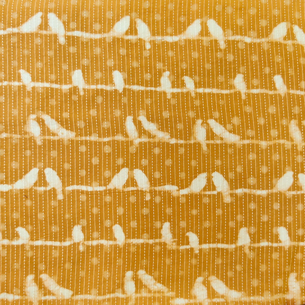 Pure Cotton Kaatha Mustard With Birds On A Wire Hand Block Print Fabric