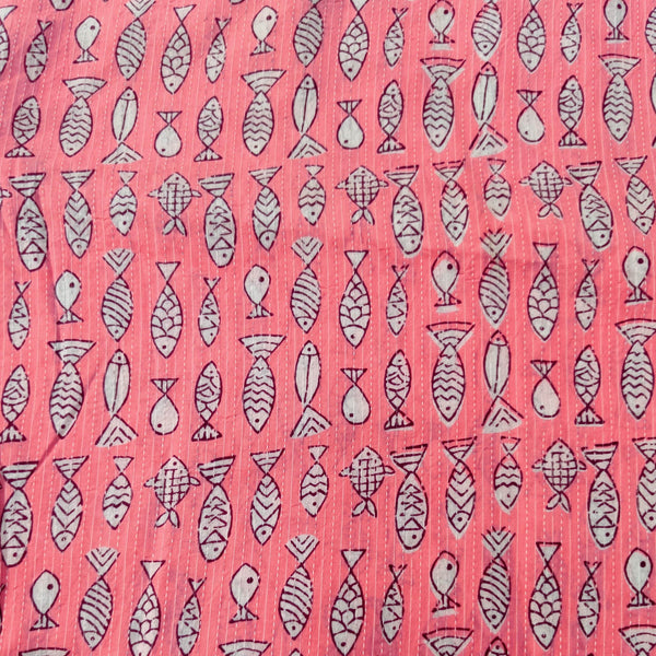 Pure Cotton Kaatha Pink With Fish Hand Block Print Fabric