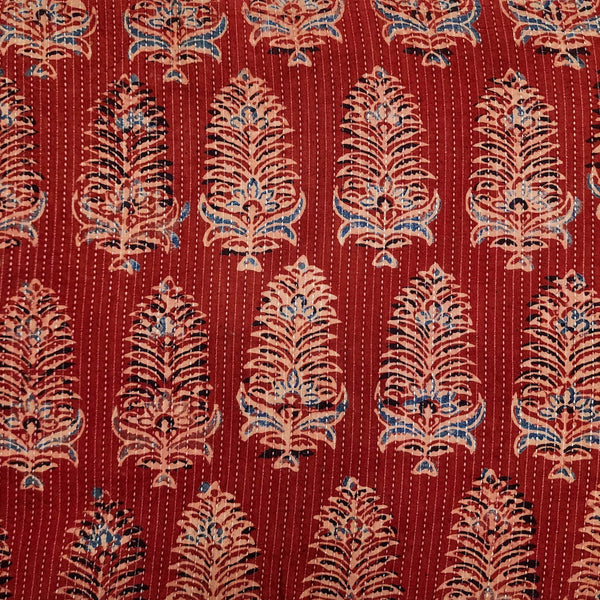 Pure Cotton Kaatha Rust With Blue Flower Bud Hand Block Print Fabric