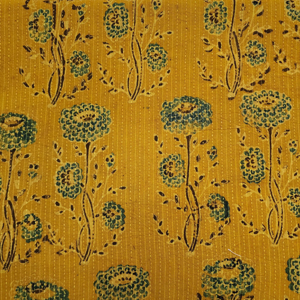 Pure Cotton Kaatha Turmeric Dyed With Big Flowers Hand Block Print Fabric