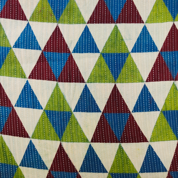 Pure Cotton Kaatha With Maroon Green Blue Interlocked Triangles Hand Block Print Blouse Fabric ( 1 Meter )