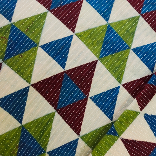 Pure Cotton Kaatha With Maroon Green Blue Interlocked Triangles Hand Block Print Fabric