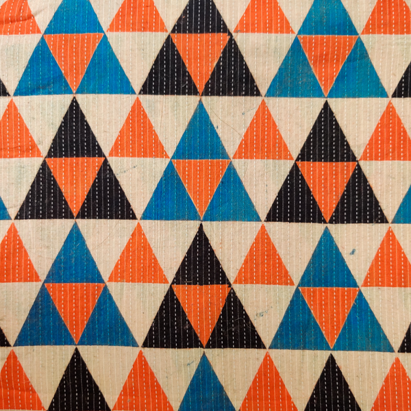 Pure Cotton Kaatha With Orange Black Blue Interlocked Triangles Hand Block Print Fabric