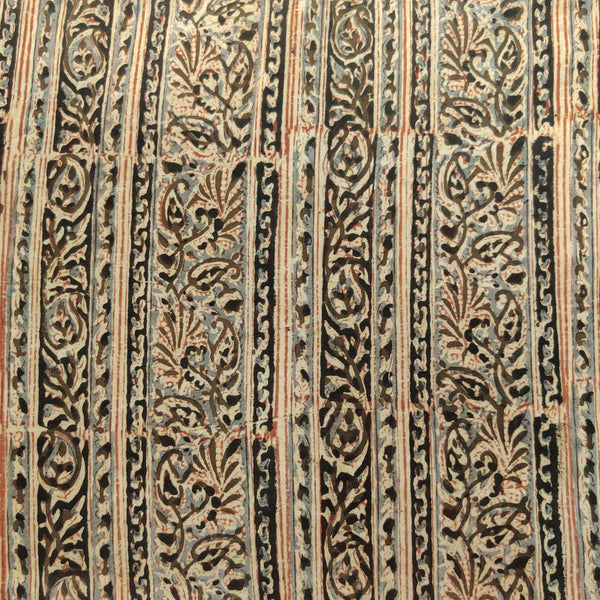 Pure Cotton Kalamkari Beautiful Jaal Border Black Grey Hand Block Print Fabric