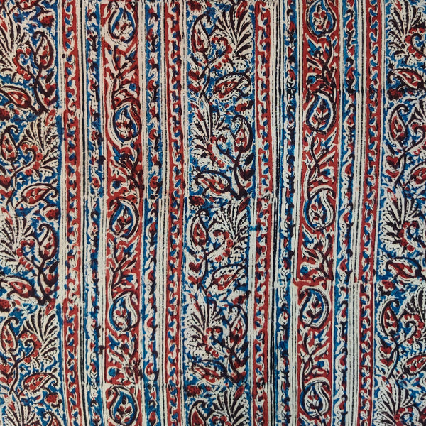 Pure Cotton Kalamkari Beautiful Jaal Border Rust Blue Hand Block Print Fabric