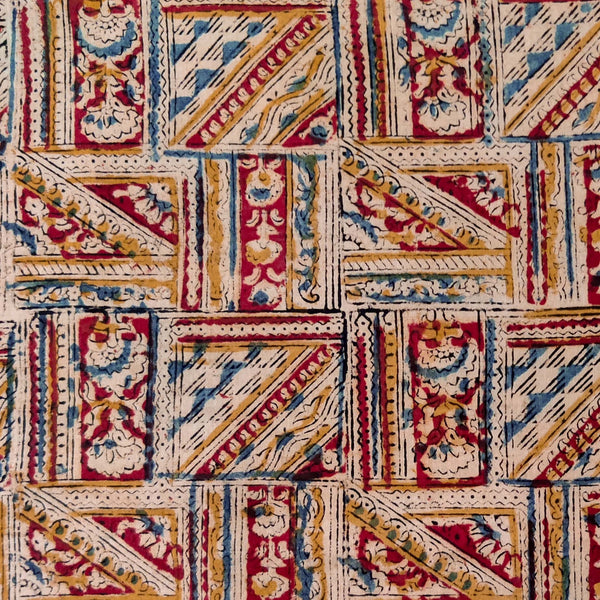 Pre-Cut Pure Cotton Kalamkari Beige With Maroon Blue Tile Blocks Hand Block Print Fabric (2 Meter)