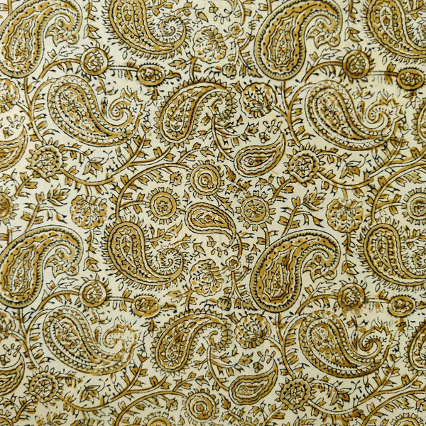 Pure Cotton Kalamkari Beige With Mustard Kairi Hand Block Print Fabric