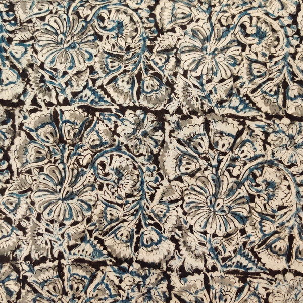 Pure Cotton Kalamkari Black Cream And Blue Jaal Hand Block Print Fabric