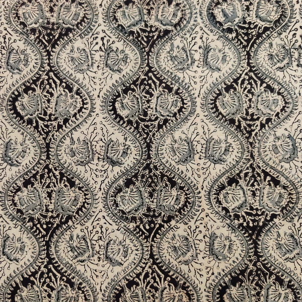 Pure Cotton Kalamkari Black Grey Curvy Design Jaali Hand Block Print Fabric