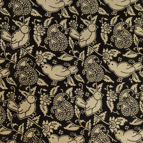 Pure Cotton Kalamkari Black  With Birds In A Jungle Print Fabric