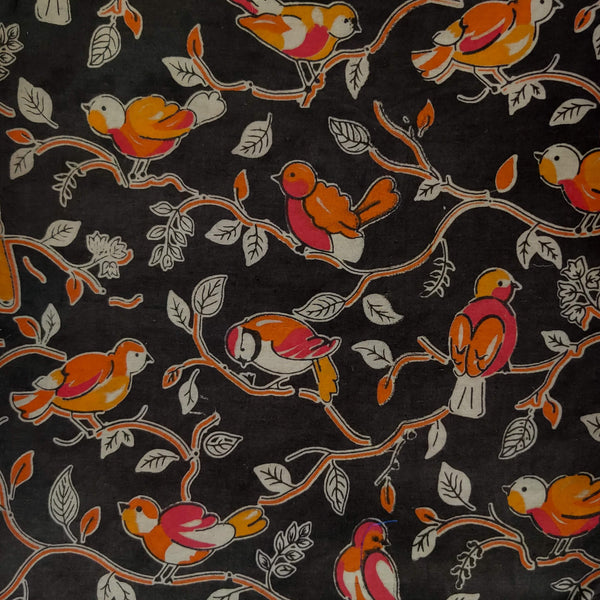 Pure Cotton Kalamkari Black With Birds On A Tree Print Fabric