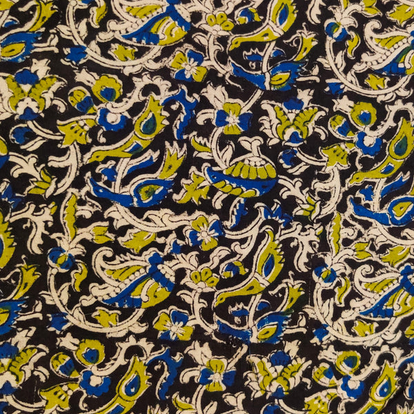 Pure Cotton Kalamkari Black With Blue And Green Bird On A Tree Jaal Hand Block Print Fabric