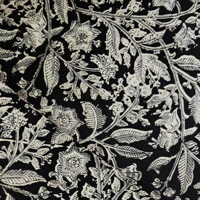 Pure Cotton Kalamkari Black With Grey Wild Jaal Hand Block Print Blouse Fabric ( 85cm )