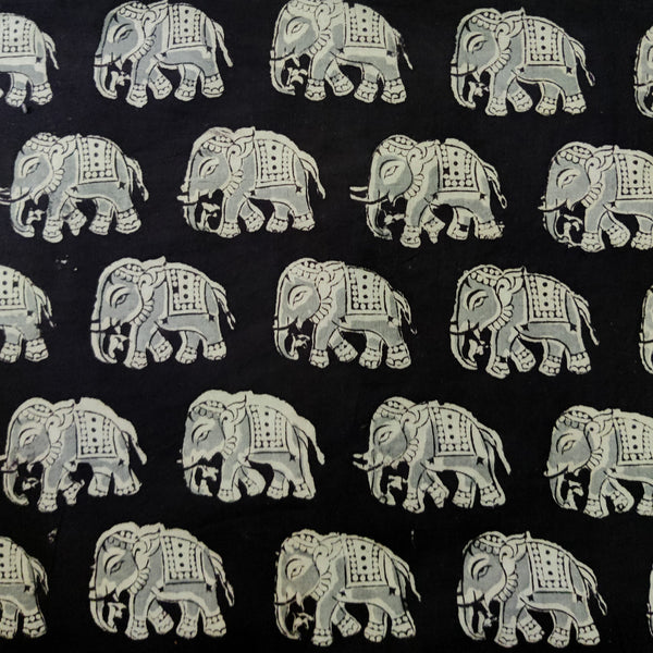 Pure Cotton Kalamkari Black With Intricate Elephants Hand Print Blouse Piece Fabric (1.25 Meter)