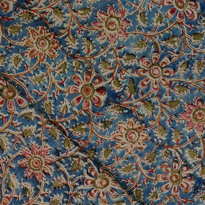 Pure Cotton Kalamkari Blue With Floral Jaal Hand Block Print Blouse Fabric ( 0.80 cm )