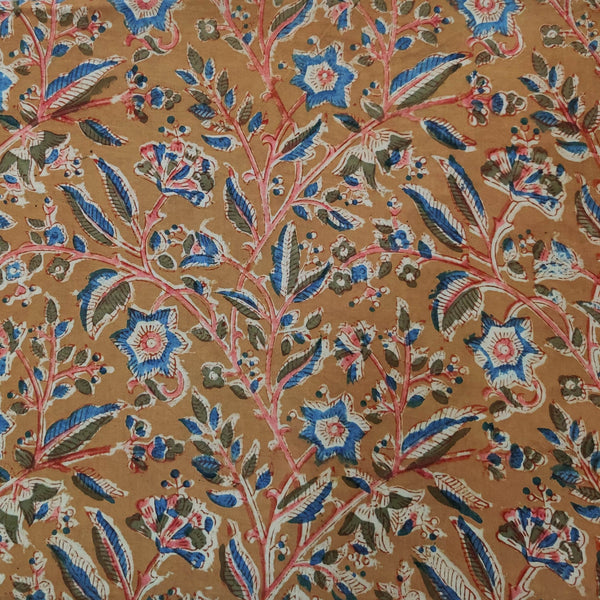 Precut 1.90 Meter Pure Cotton Kalamkari Brown Mustard With Blue Jaal Block Print Fabric