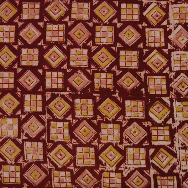 Pre-cut ( 1.90 meter )Pure Cotton Kalamkari Brown With Mustard Pink Cream Squares And Diamonds Hand Block Print Fabric