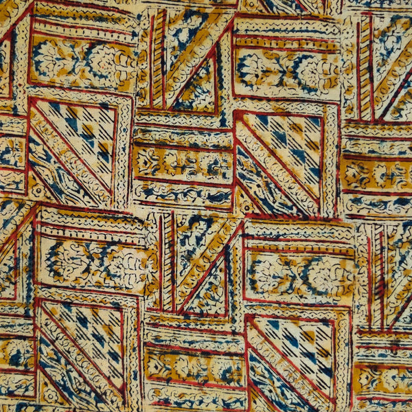 Pure Cotton Kalamkari Cream With Maroon Rust And Blue Tribal Art Geometric Print Hand Block Print Fabric