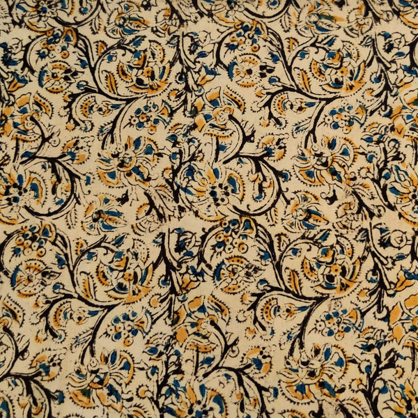 Pure Cotton Kalamkari Cream With Mustard And Black Jaal Hand Block Print Fabric