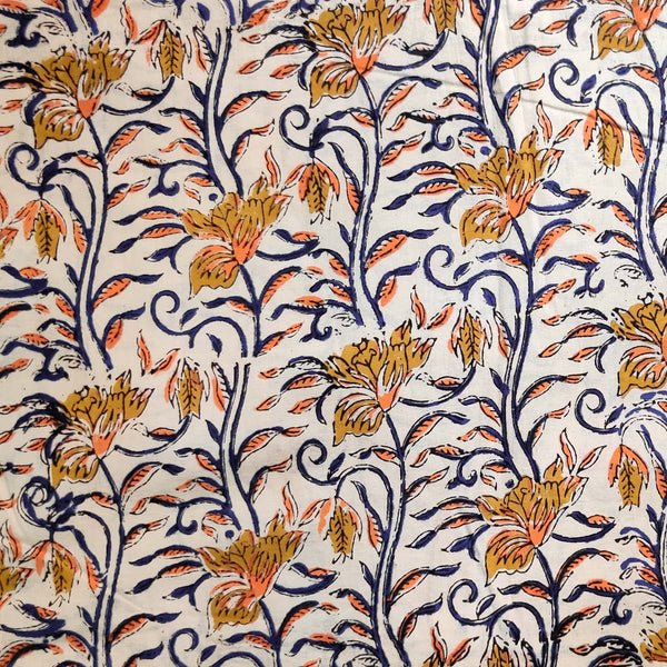 Pure Cotton Kalamkari Cream With Mustard Blue Orange Jaal Hand Block Print Blouse Piece Fabric ( 0.85 Meter )