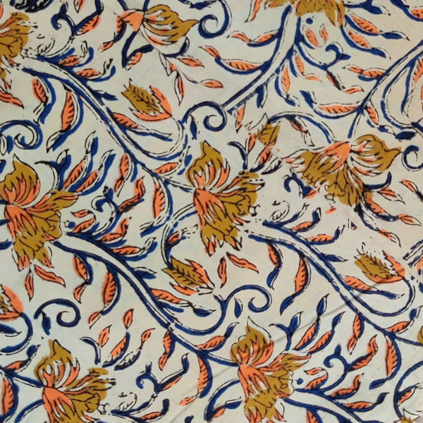 Pure Cotton Kalamkari Cream With Mustard Blue Orange Jaal Hand Block Print Fabric