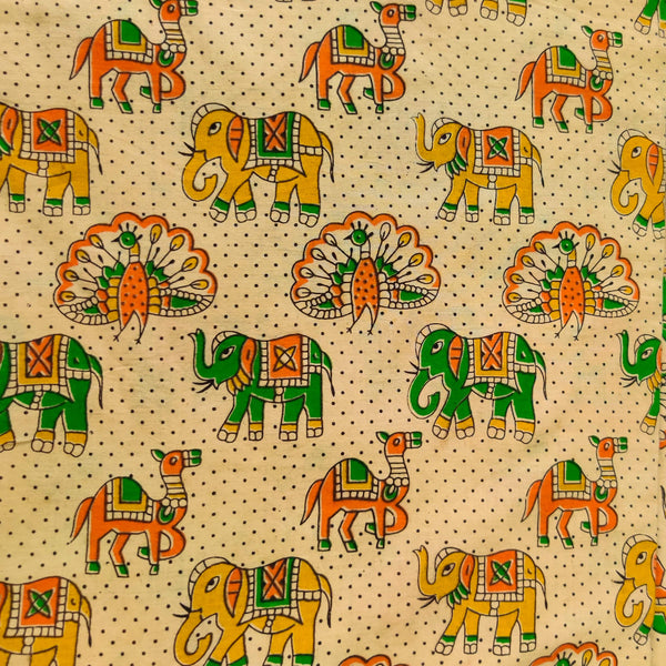 Pure Cotton Kalamkari Cream With Peacock Camel Elephant Print Fabric