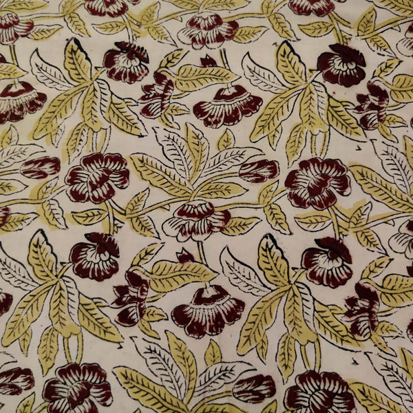 Pure Cotton Kalamkari Cream With Wild Brown Floral Jaal Hand Block Print Fabric