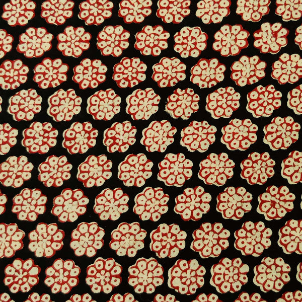 Pure Cotton Kalamkari Dull Black Rust Outlined Flower Motif Hand Block Print Fabric