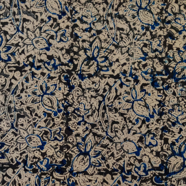 Pure Cotton Kalamkari Dull Black With Blue And Grey Cream Floral Jaal Hand Block Print Fabric