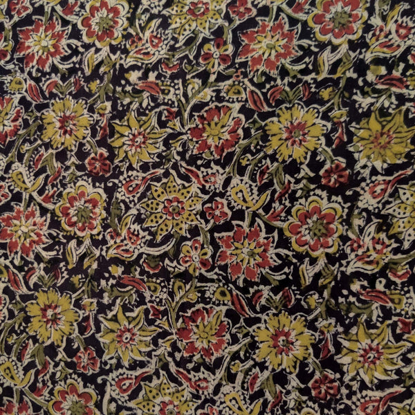 Precut 1.60 Meter Pure Cotton Kalamkari Dull Black With Green Mustard And Maroon Floral Jaal Hand Block Print Fabric