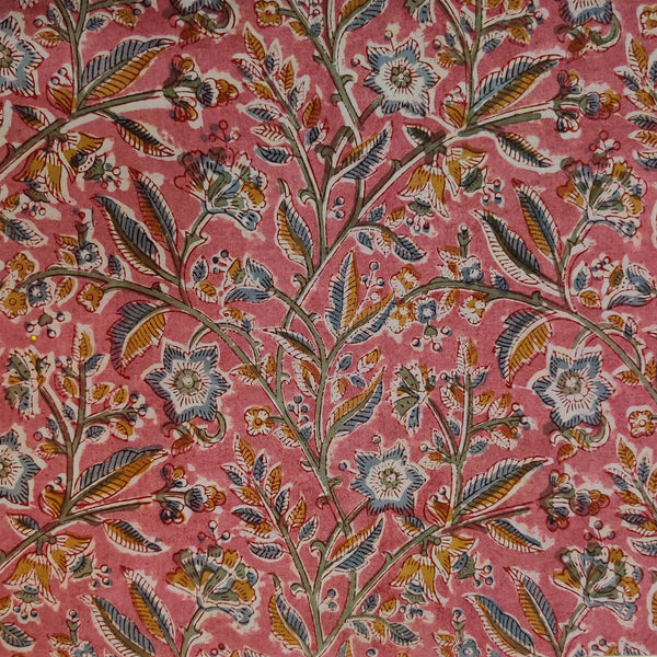 Pure Cotton Kalamkari Dull Peach With Grey Mustard Jaal Block Print Fabric