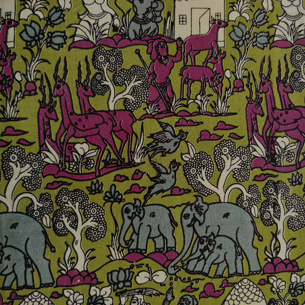 Pure Cotton Kalamkari Green Screen Print With Jungle Fabric