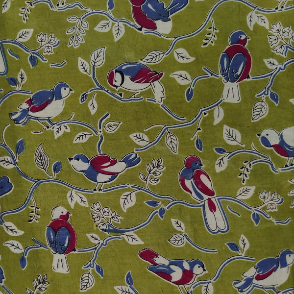 Pure Cotton Kalamkari Green With Birds Fabric