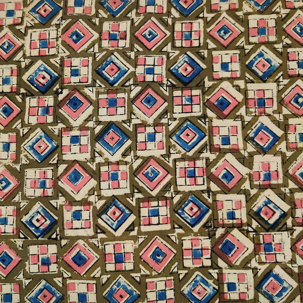 Pure Cotton Kalamkari Green With Blue Pink Cream Squares And Diamonds Hand Block Print Fabric