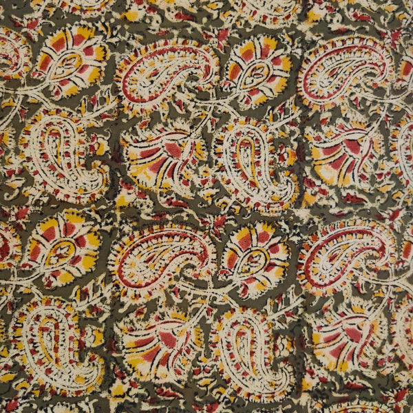 Pure Cotton Kalamkari Green With Mustard Rust Cream Kairi Jaal Hand Block Print Fabric