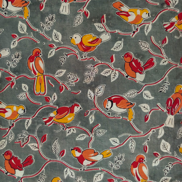 Pure Cotton Kalamkari Grey With Birds On A Tree Print Fabric