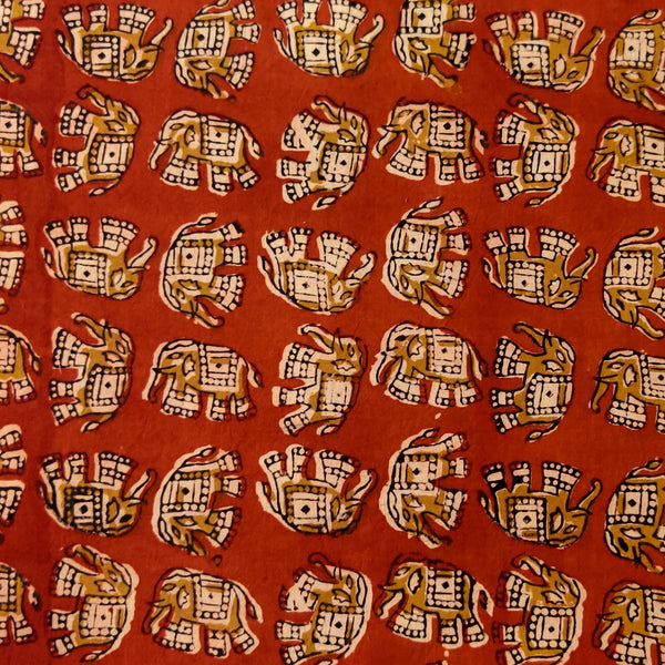 Pure Cotton Kalamkari Madder With Baby Elephant Hand Block Print Fabric