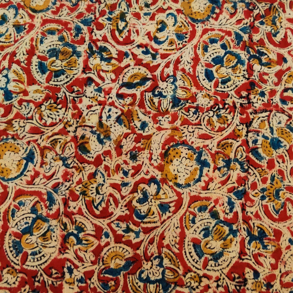 Pure Cotton Kalamkari Madder With Blue And Mustard Jaal Hand Bock Print Fabric